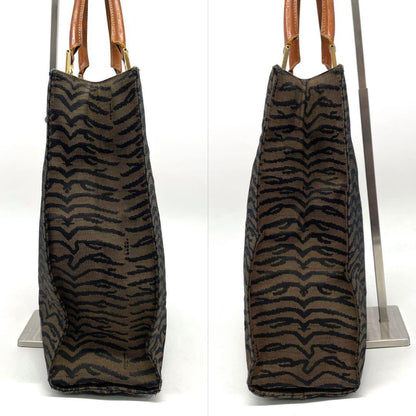 FENDI Hand Bag Tote Purse FF Zebra Canvas Leather Brown Authentic