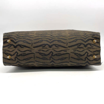 FENDI Hand Bag Tote Purse FF Zebra Canvas Leather Brown Authentic