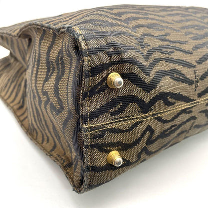 FENDI Hand Bag Tote Purse FF Zebra Canvas Leather Brown Authentic