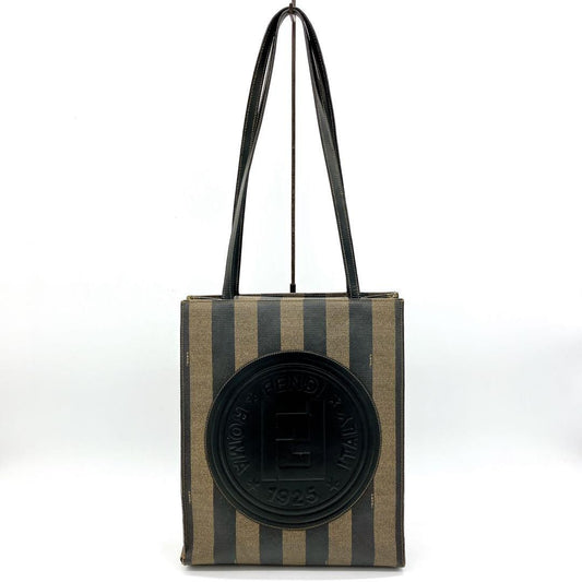 FENDI Hand Bag Tote Purse FF Pecan PVC Leather Black Brown Authentic