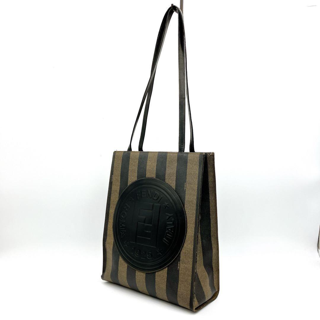 FENDI Hand Bag Tote Purse FF Pecan PVC Leather Black Brown Authentic