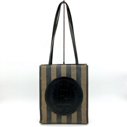 FENDI Hand Bag Tote Purse FF Pecan PVC Leather Black Brown Authentic