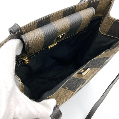 FENDI Hand Bag Tote Purse FF Pecan PVC Leather Black Brown Authentic