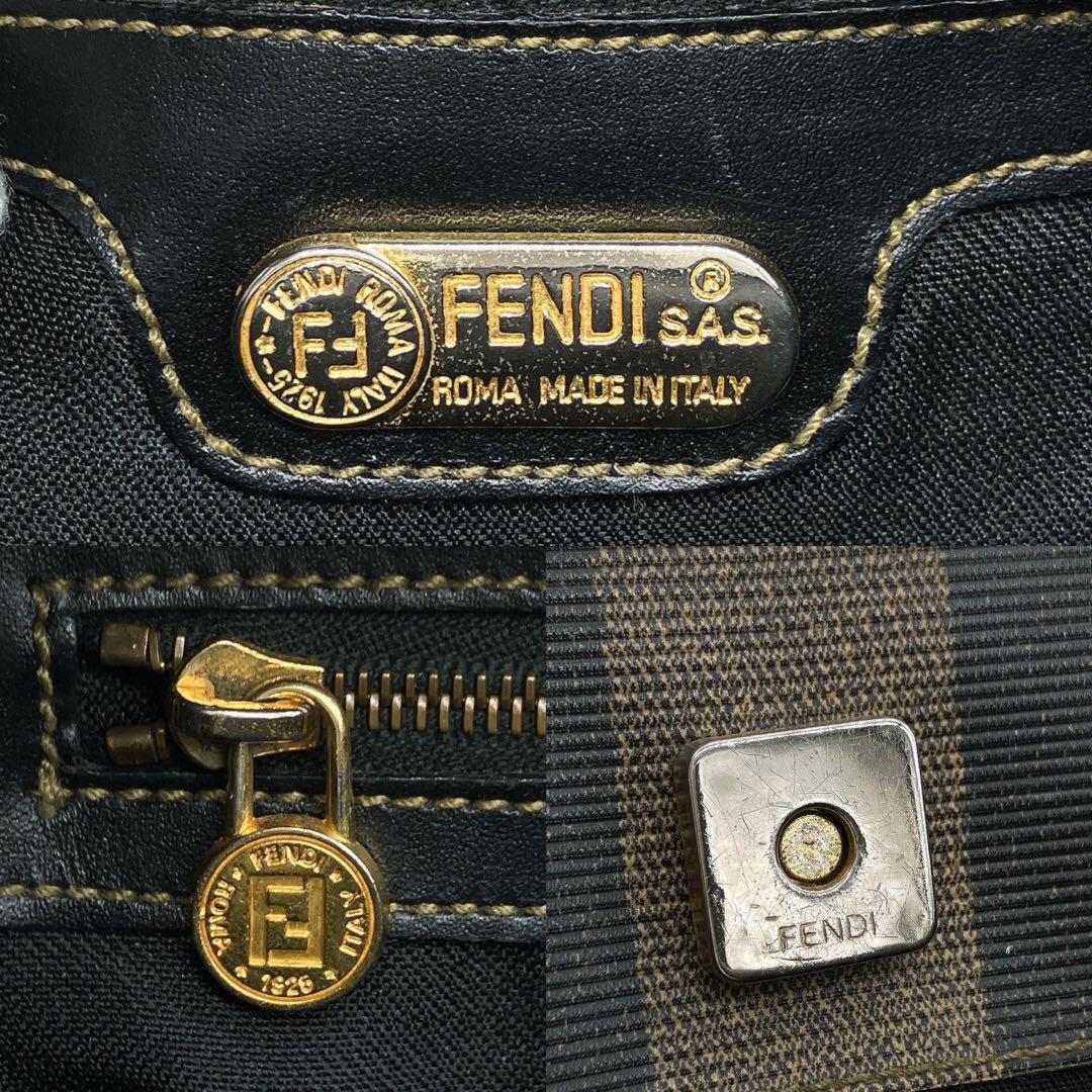 FENDI Hand Bag Tote Purse FF Pecan PVC Leather Black Brown Authentic