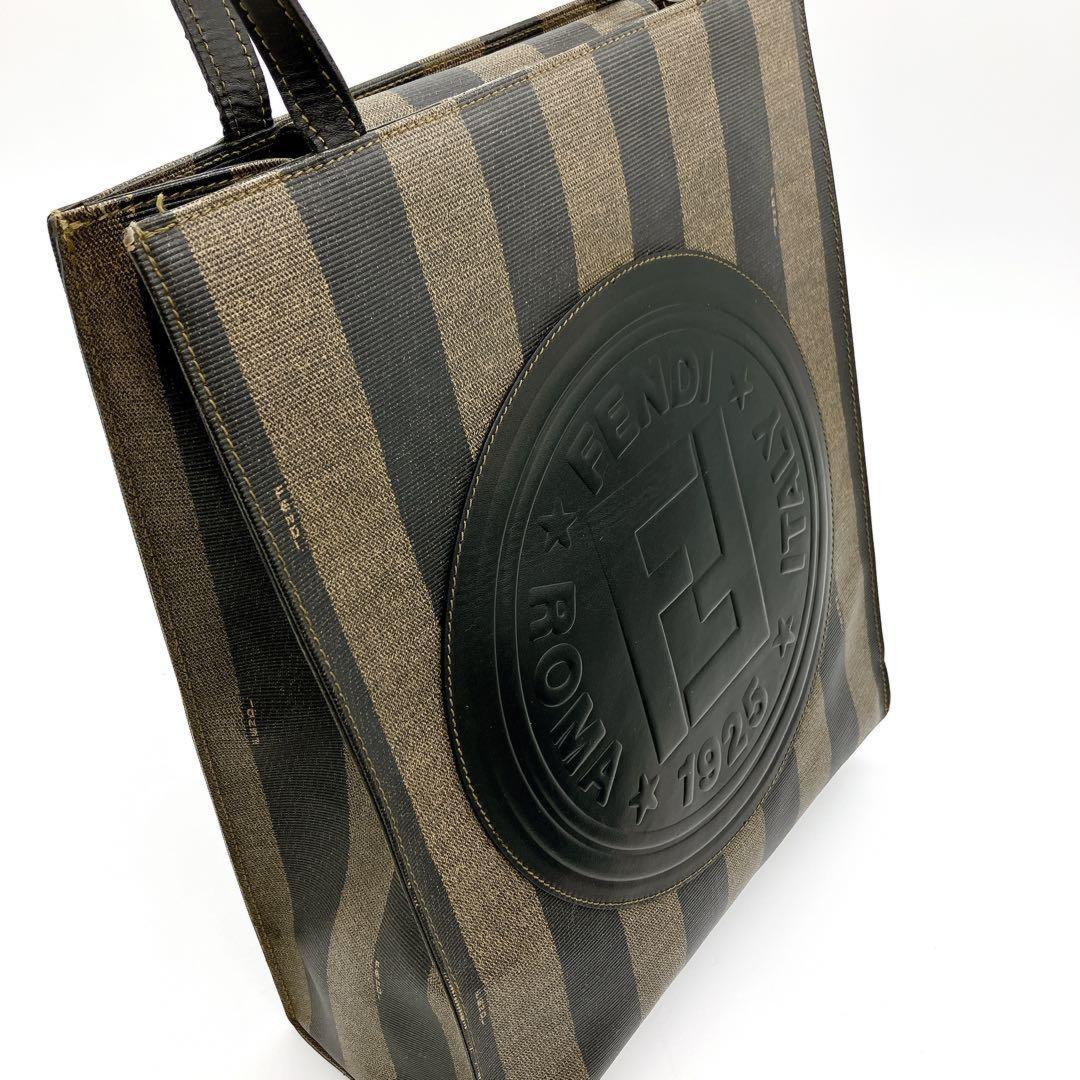 FENDI Hand Bag Tote Purse FF Pecan PVC Leather Black Brown Authentic