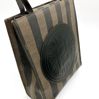 FENDI Hand Bag Tote Purse FF Pecan PVC Leather Black Brown Authentic