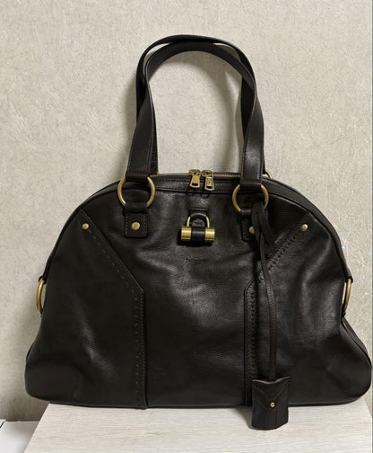 Saint Laurent Hand Bag Tote Purse MUSE Leather Dark Brown Authentic