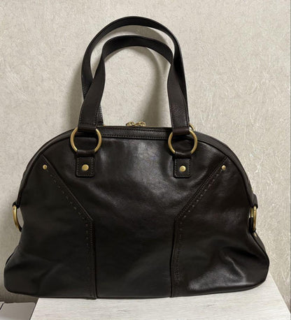Saint Laurent Hand Bag Tote Purse MUSE Leather Dark Brown Authentic