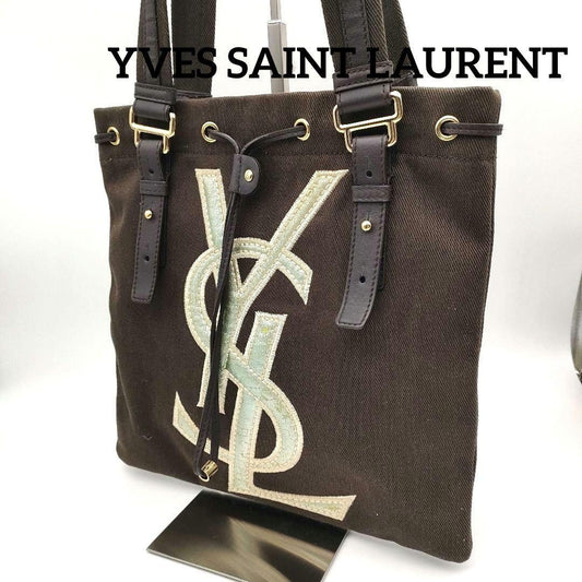 Saint Laurent Hand Bag Tote Purse YSL Cassandra Canvas Leather Brown Authentic