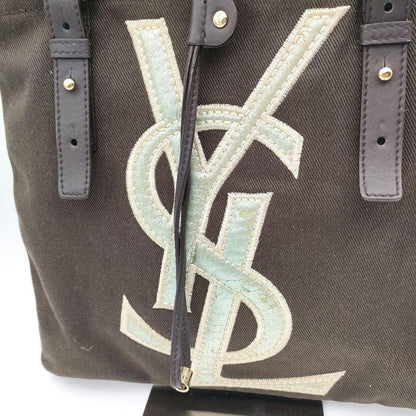 Saint Laurent Hand Bag Tote Purse YSL Cassandra Canvas Leather Brown Authentic