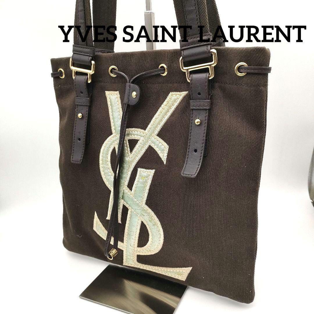 Saint Laurent Hand Bag Tote Purse YSL Cassandra Canvas Leather Brown Authentic