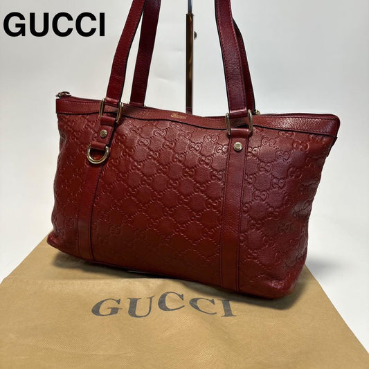 GUCCI Hand Bag Tote Purse GG Shima Leather Red Bordeaux Authentic