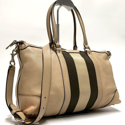 GUCCI Mini Boston Hand Bag Tote Purse 2way Sherry Line Canvas Leather Beige Auth