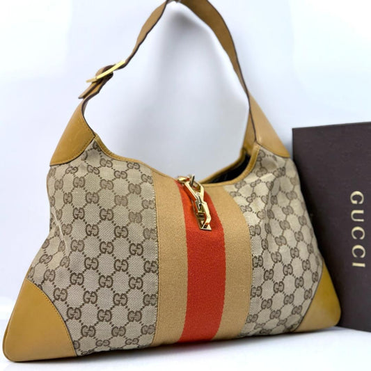 GUCCI Shoulder Bag Purse Sherry Line GG Canvas Leather Authentic