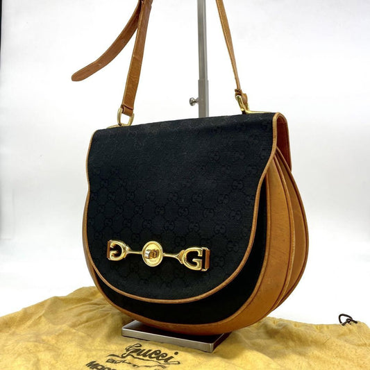 GUCCI Shoulder Bag Purse OLD Horsebit Canvas Leather Black Brown Authentic