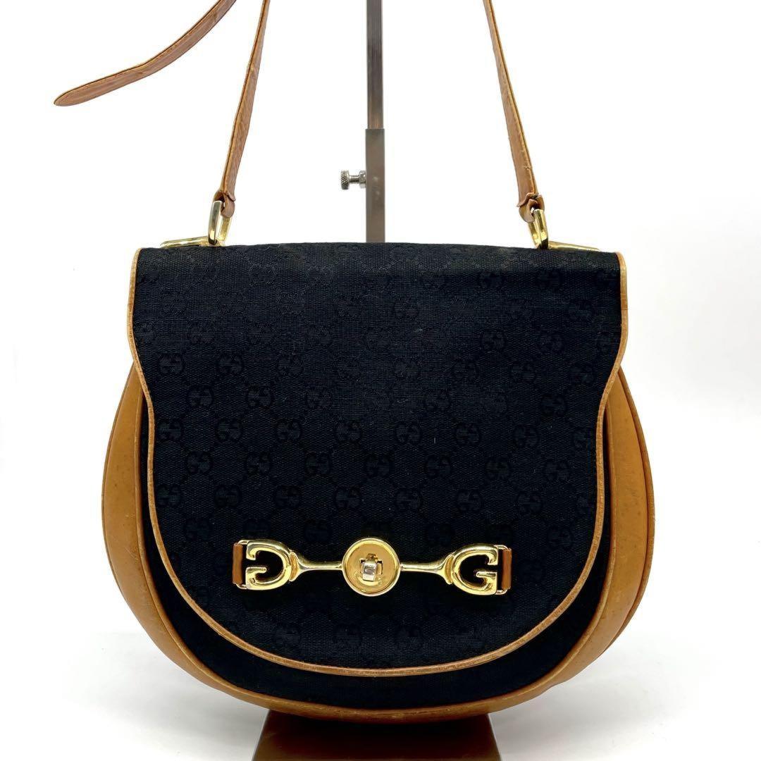 GUCCI Shoulder Bag Purse OLD Horsebit Canvas Leather Black Brown Authentic