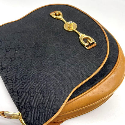 GUCCI Shoulder Bag Purse OLD Horsebit Canvas Leather Black Brown Authentic