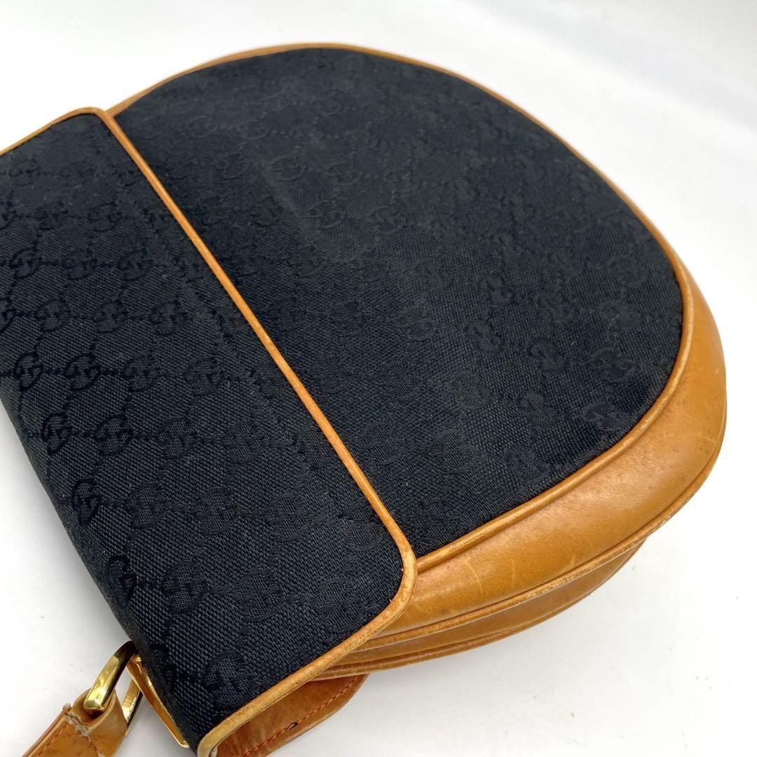GUCCI Shoulder Bag Purse OLD Horsebit Canvas Leather Black Brown Authentic