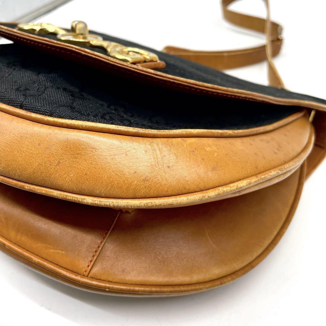GUCCI Shoulder Bag Purse OLD Horsebit Canvas Leather Black Brown Authentic