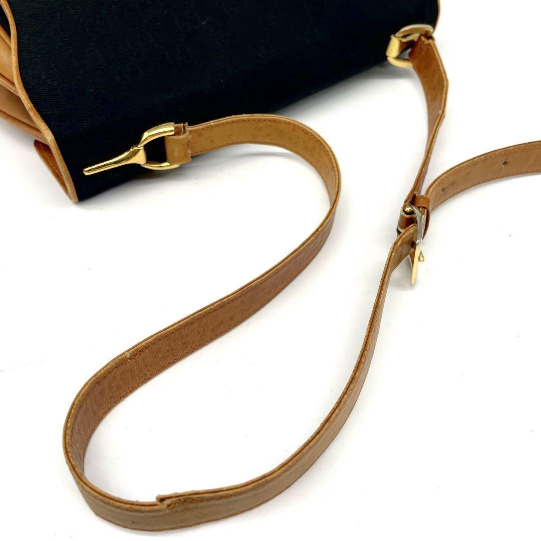 GUCCI Shoulder Bag Purse OLD Horsebit Canvas Leather Black Brown Authentic