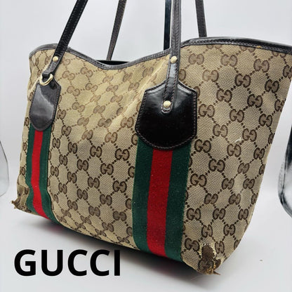 GUCCI Hand Bag Tote Purse Sherry Line GG Canvas Green Red Brown Authentic