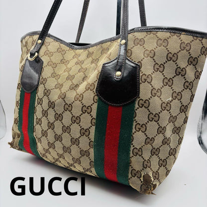 GUCCI Hand Bag Tote Purse Sherry Line GG Canvas Green Red Brown Authentic