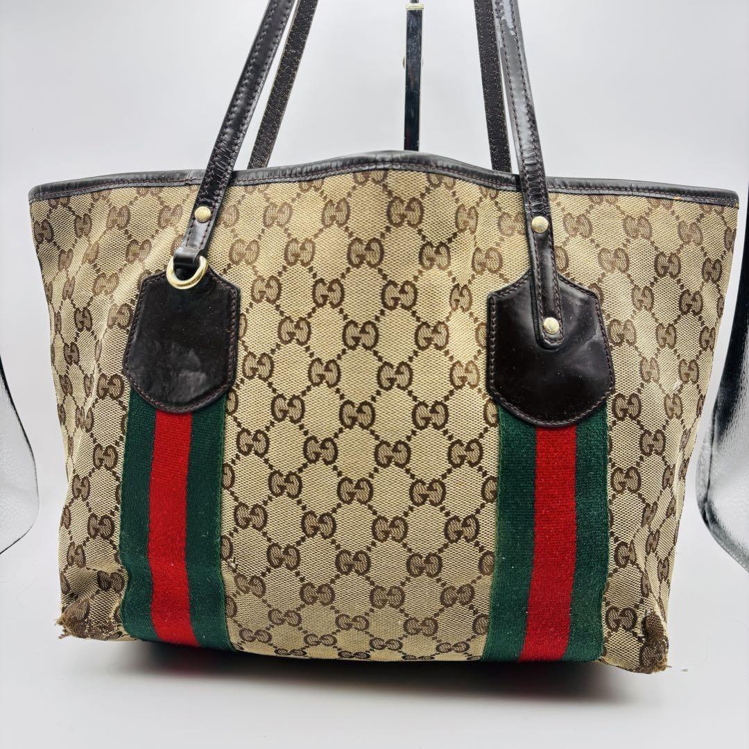 GUCCI Hand Bag Tote Purse Sherry Line GG Canvas Green Red Brown Authentic