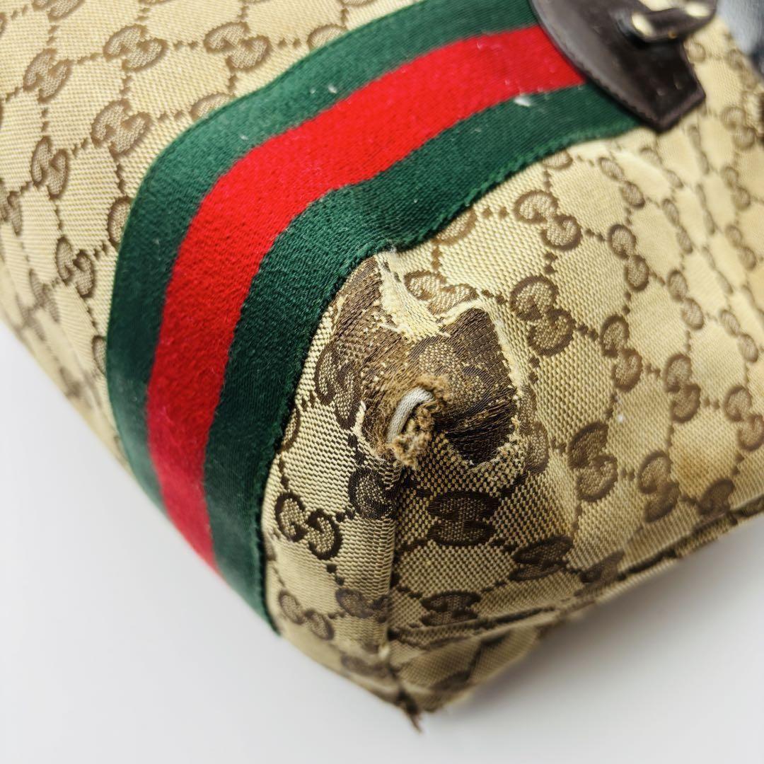 GUCCI Hand Bag Tote Purse Sherry Line GG Canvas Green Red Brown Authentic