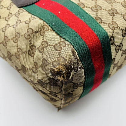 GUCCI Hand Bag Tote Purse Sherry Line GG Canvas Green Red Brown Authentic