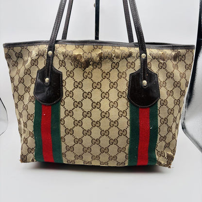 GUCCI Hand Bag Tote Purse Sherry Line GG Canvas Green Red Brown Authentic