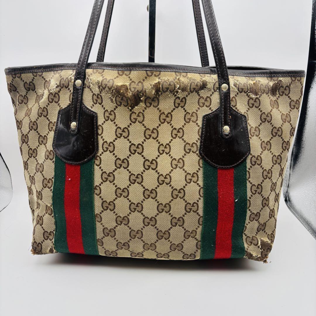 GUCCI Hand Bag Tote Purse Sherry Line GG Canvas Green Red Brown Authentic