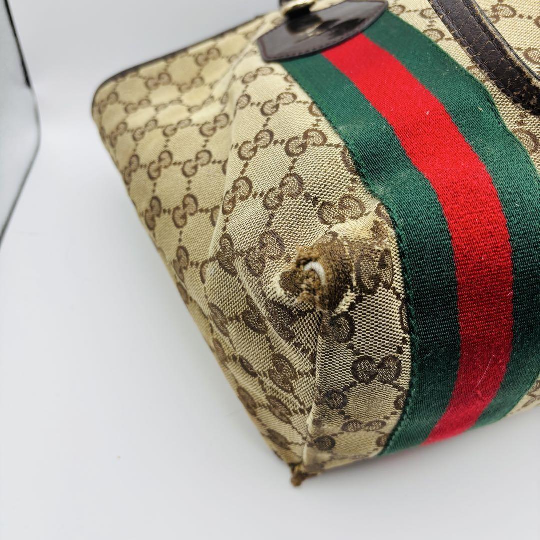 GUCCI Hand Bag Tote Purse Sherry Line GG Canvas Green Red Brown Authentic