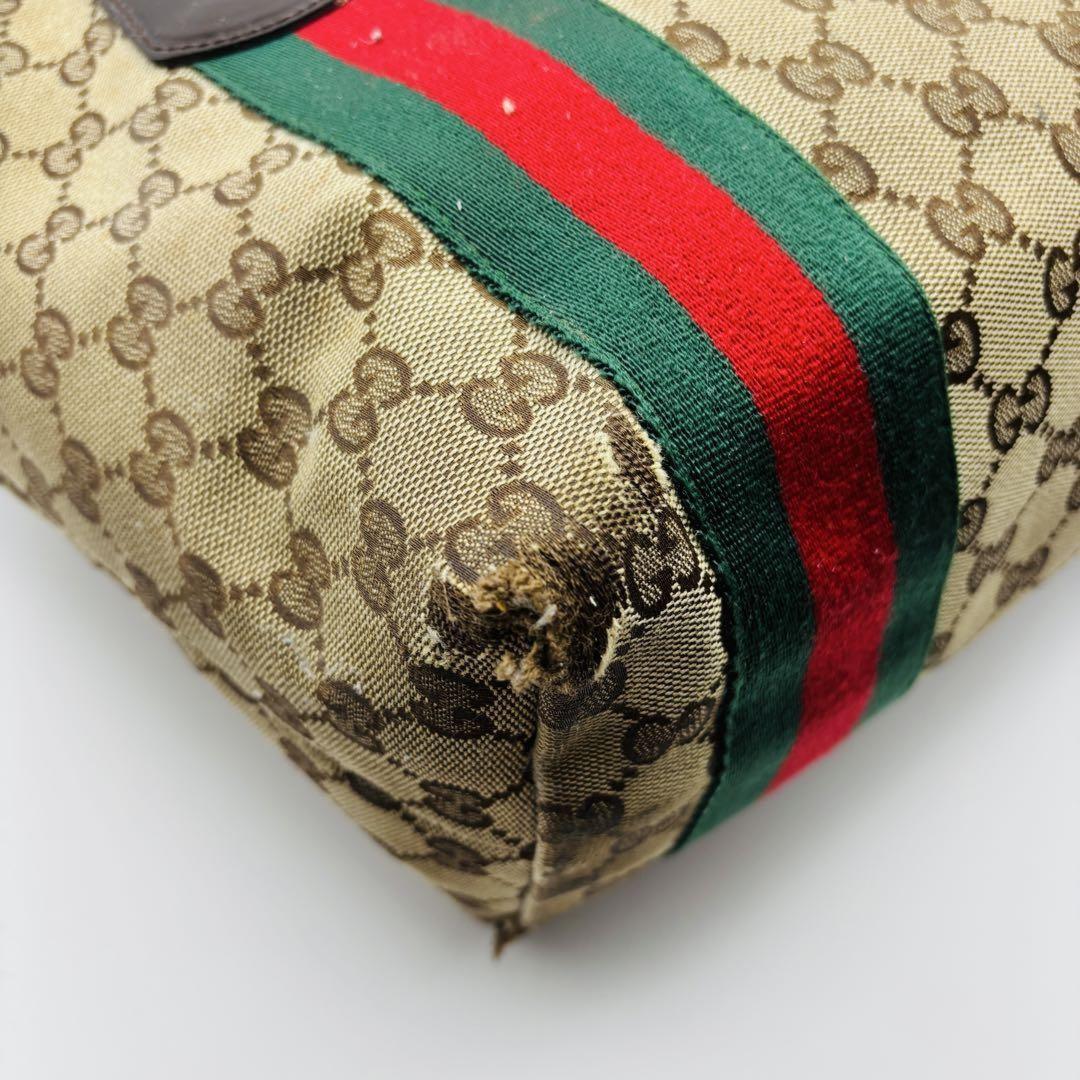 GUCCI Hand Bag Tote Purse Sherry Line GG Canvas Green Red Brown Authentic