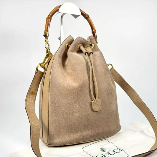 GUCCI Shoulder Bag Purse Bamboo Old Suede Leather Beige Authentic