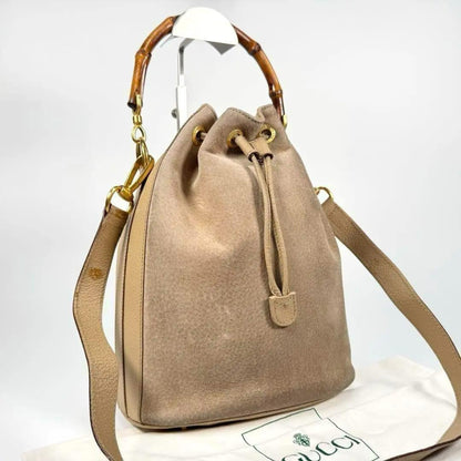 GUCCI Shoulder Bag Purse Bamboo Old Suede Leather Beige Authentic