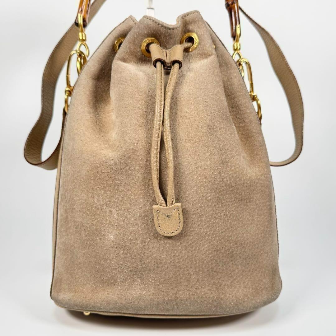 GUCCI Shoulder Bag Purse Bamboo Old Suede Leather Beige Authentic