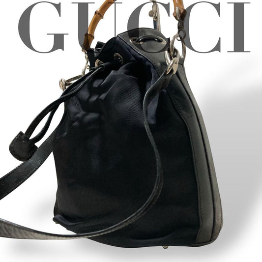 GUCCI Shoulder Bag Purse 2way Bamboo Nylon Leather Black Authentic