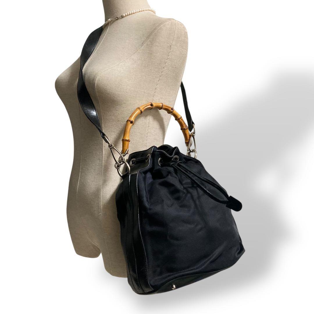 GUCCI Shoulder Bag Purse 2way Bamboo Nylon Leather Black Authentic