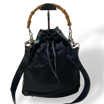 GUCCI Shoulder Bag Purse 2way Bamboo Nylon Leather Black Authentic