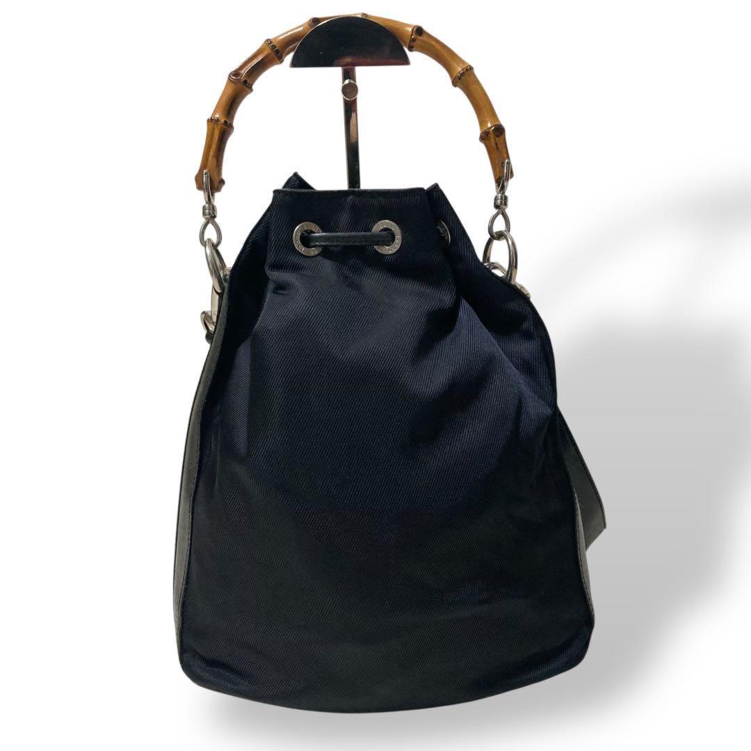 GUCCI Shoulder Bag Purse 2way Bamboo Nylon Leather Black Authentic