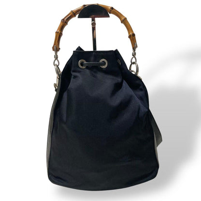 GUCCI Shoulder Bag Purse 2way Bamboo Nylon Leather Black Authentic