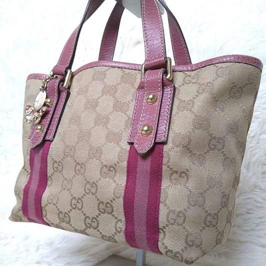 GUCCI Hand Bag Tote Purse Sherry Line GG Canvas Beige Pink Authentic