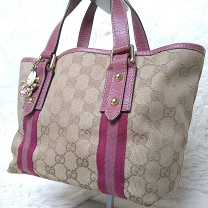 GUCCI Hand Bag Tote Purse Sherry Line GG Canvas Beige Pink Authentic