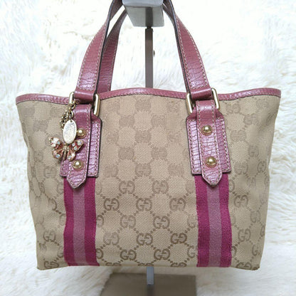 GUCCI Hand Bag Tote Purse Sherry Line GG Canvas Beige Pink Authentic