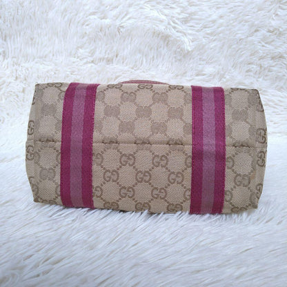 GUCCI Hand Bag Tote Purse Sherry Line GG Canvas Beige Pink Authentic
