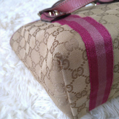 GUCCI Hand Bag Tote Purse Sherry Line GG Canvas Beige Pink Authentic