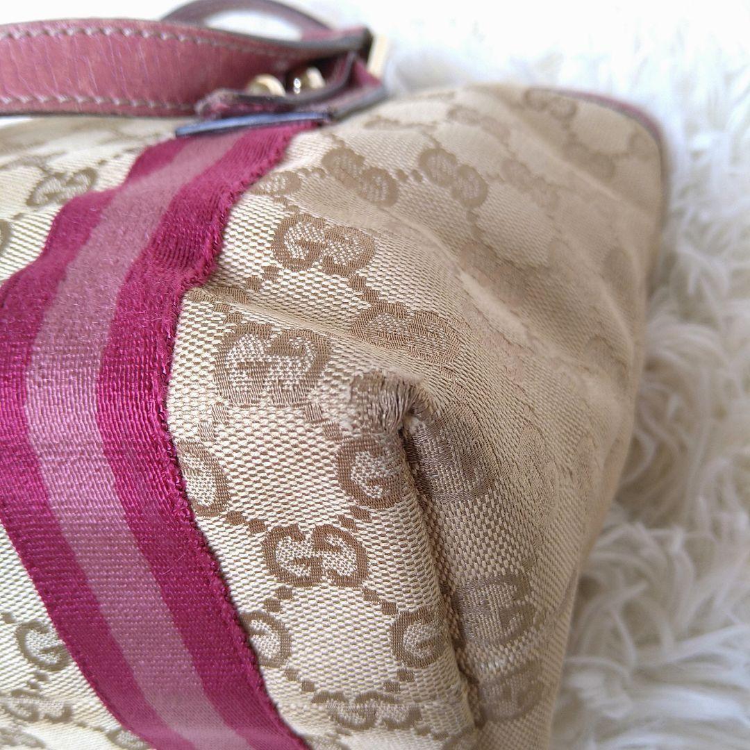 GUCCI Hand Bag Tote Purse Sherry Line GG Canvas Beige Pink Authentic