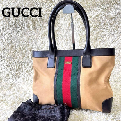 GUCCI Hand Bag Tote Purse Sherry Line Canvas Leather Brown Authentic