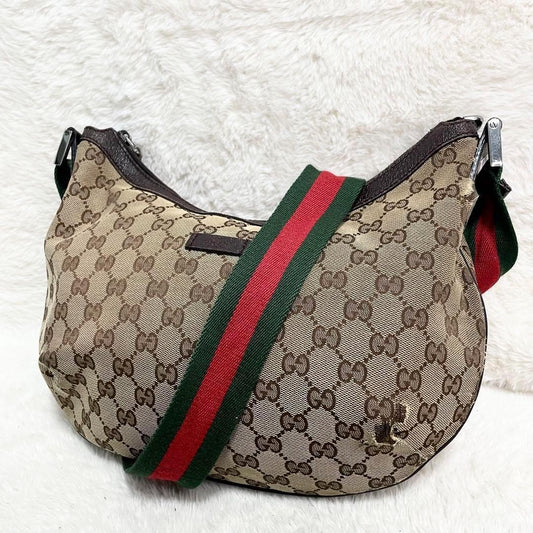 GUCCI Shoulder Bag Purse Sherry Line GG Canvas Leather Beige Brown Authentic