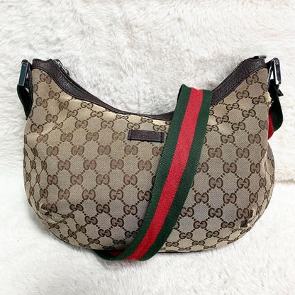GUCCI Shoulder Bag Purse Sherry Line GG Canvas Leather Beige Brown Authentic